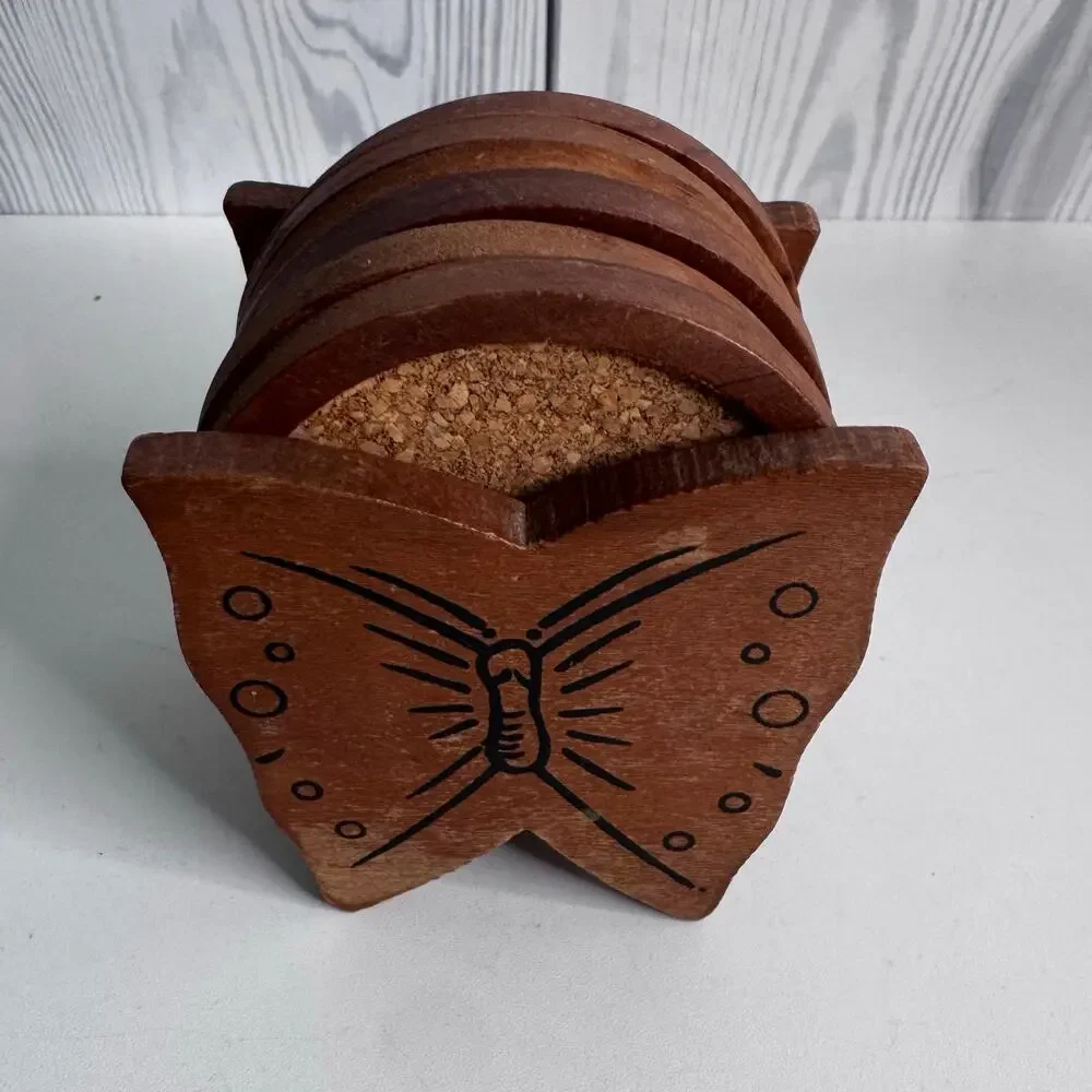 Vintage Boho Wood Butterfly Coaster Holder with Wood And Cork Inserts Set of 6